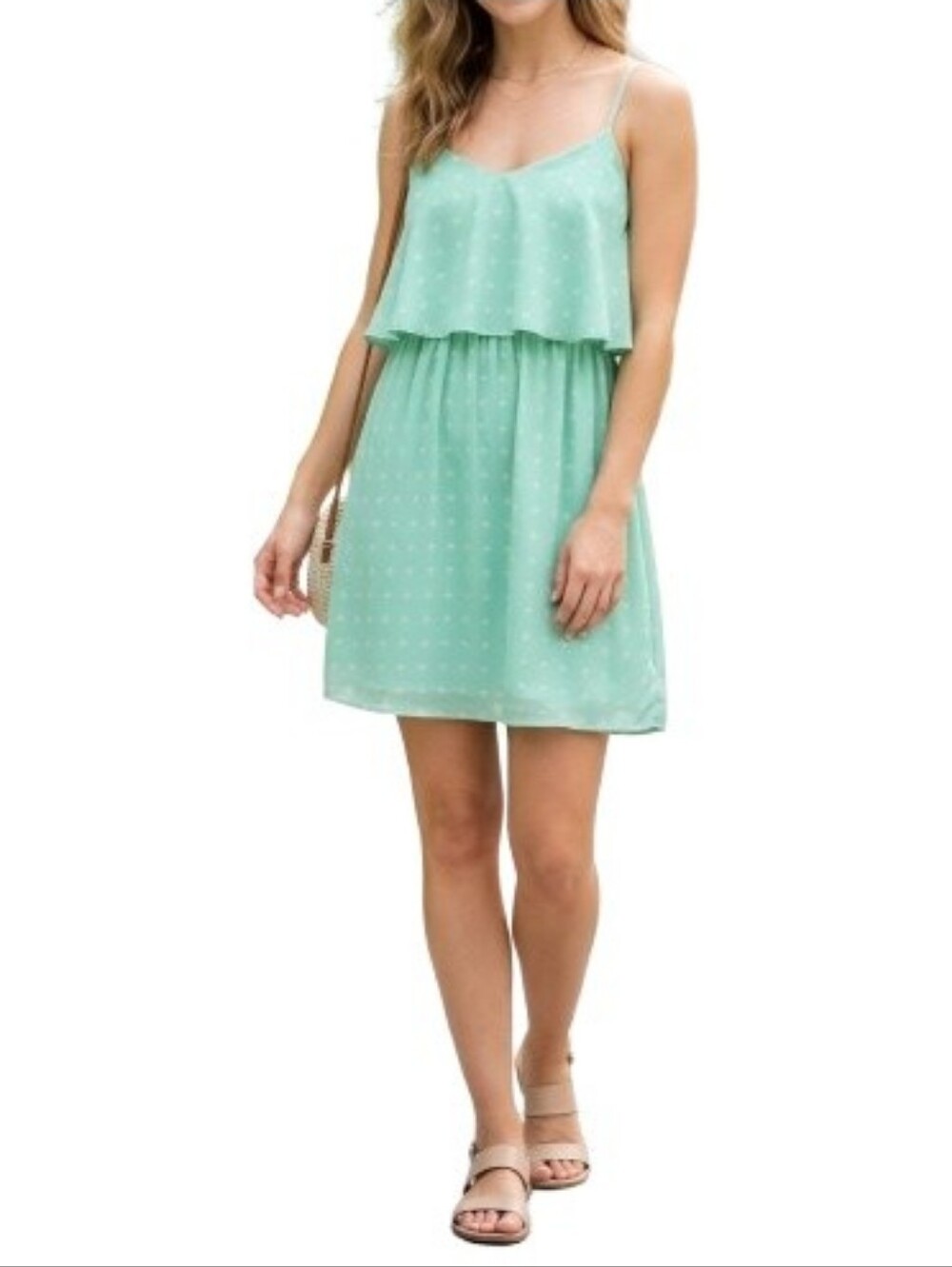 buttons Green Print Summer Dress Ruffle Scoop Back Lightweight Short